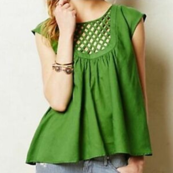 Cotton HD in Paris/Anthropologie Green Lattice Top - Picture 1 of 12